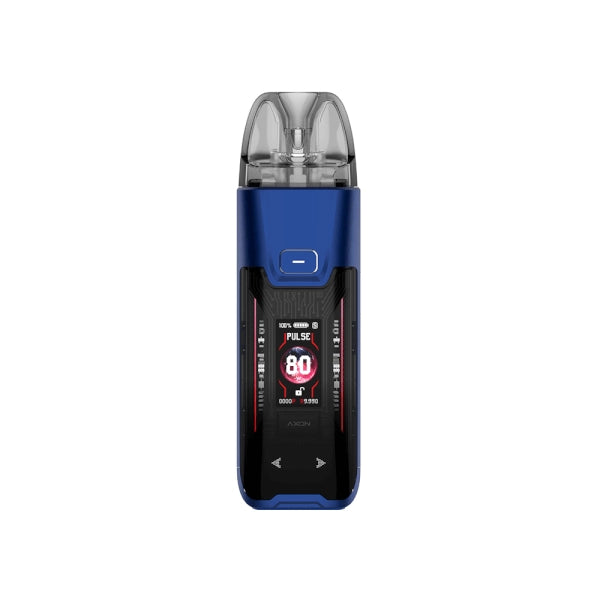 Sigaretta Elettronica Ricaricabile Vaporesso Luxe XR Kit Max 2 Pod in blu e nero, con schermo frontale a colori che mostra potenza e modalità di utilizzo, pulsante superiore e cartuccia trasparente sulla parte superiore.