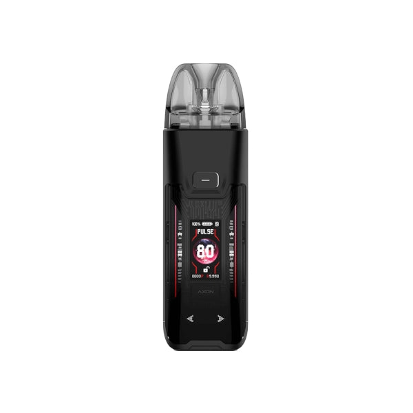 Sigaretta Elettronica Ricaricabile Vaporesso Luxe XR Kit Max 2 Pod in nero, con schermo frontale a colori che mostra potenza e modalità di utilizzo, pulsante superiore e cartuccia trasparente nella parte superiore.
