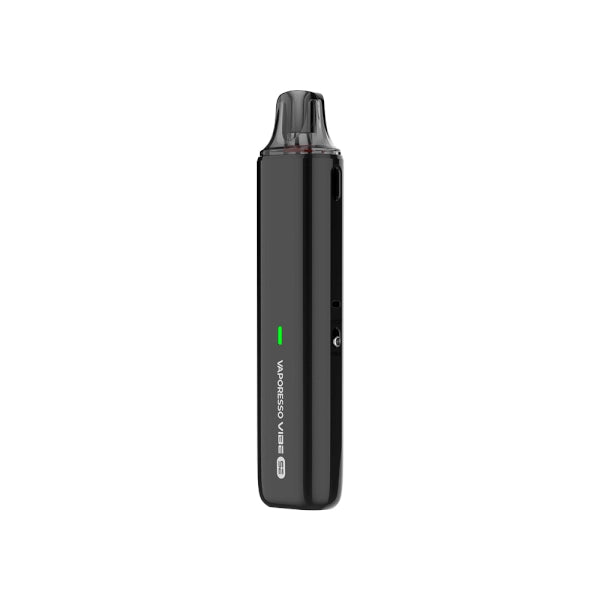 vapoteur rechargeable Vaporesso Kit Pod Vibe SE en noir avec un design compact de type stick, un indicateur LED avant, un réservoir supérieur transparent et un embout noir intégré.