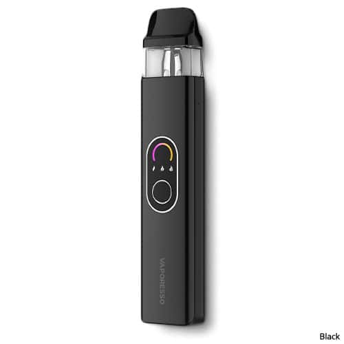 vapoteur rechargeable Vaporesso Xros Kit de 4 dosettes noires avec un design compact de type stick, un indicateur LED coloré à l'avant, un bouton central et une cartouche supérieure transparente avec embout noir