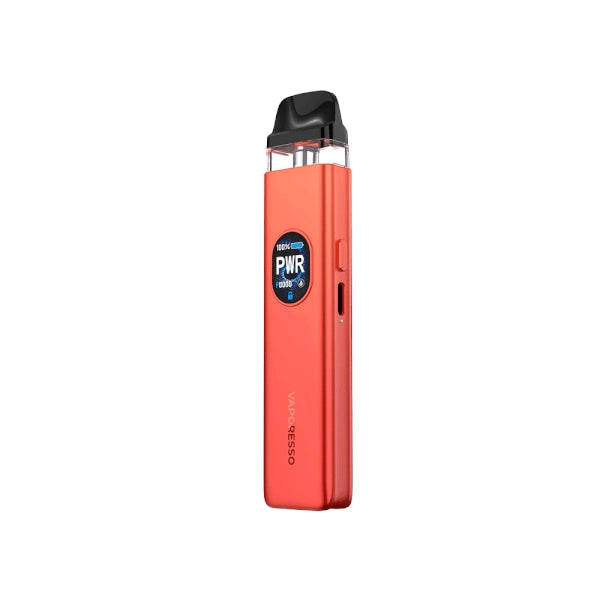 Sigaretta Elettronica Ricaricabile Vaporesso Xros Kit 5 Pod in rosso, schermo frontale circolare con indicatore di alimentazione e batteria e cartuccia superiore trasparente con bocchino nero.