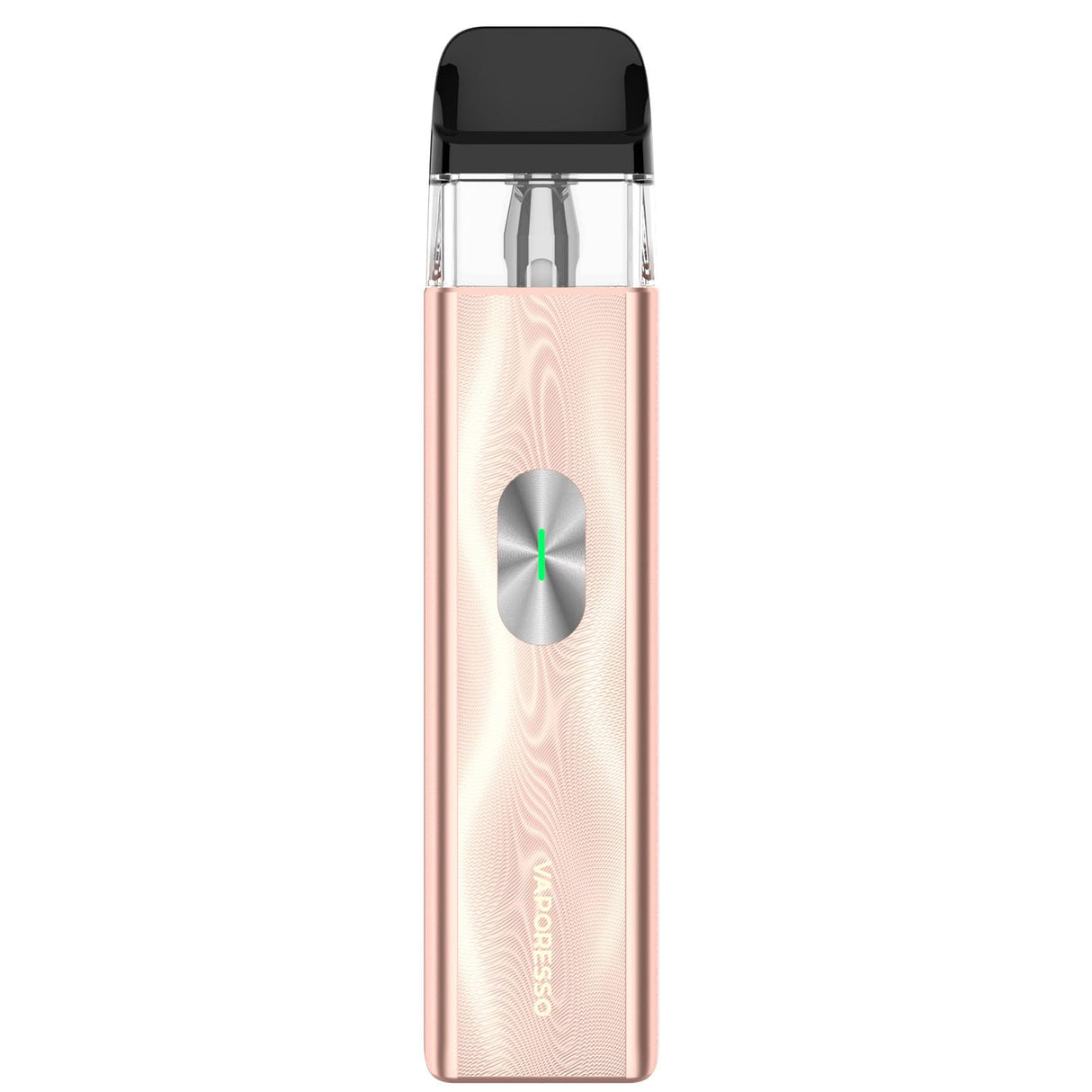 vapoteur rechargeable Vaporesso Xros Kit Mini 4 Pods rose avec un design compact de type stick, un indicateur LED avant et une cartouche transparente supérieure avec embout noir.