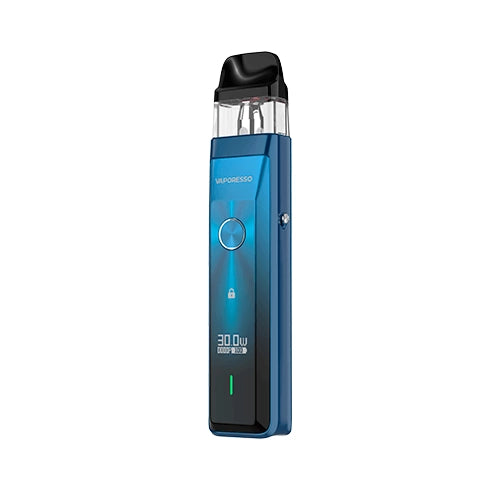 Rechargeable vape Vaporesso Xros Pro Pod Kit in blue with a modern design, front screen that shows power and battery, central circular button and top transparent cartridge with black mouthpiece.