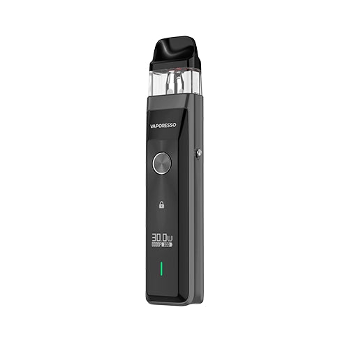Rechargeable vape Vaporesso Xros Pro Pod Kit in black with modern design, front screen that shows power and battery, central circular button and top transparent cartridge with black mouthpiece.