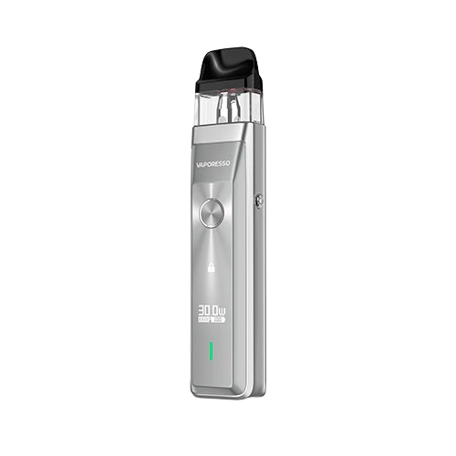 Rechargeable vape Vaporesso Xros Pro Pod Kit in silver with a modern design, front screen that shows power and battery, central circular button and top transparent cartridge with black mouthpiece.