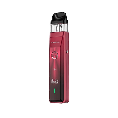 Rechargeable vape Vaporesso Xros Pro Pod Kit in red with a modern design, front screen that shows power and battery, central circular button and top transparent cartridge with black mouthpiece.