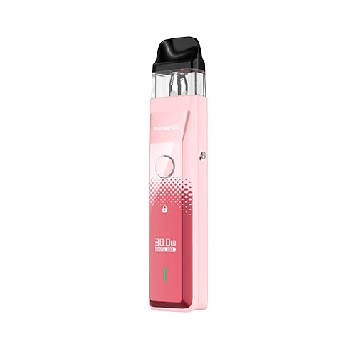 Rechargeable vape Vaporesso Xros Pro Pod Kit in gradient pink color with modern design, front screen showing power and battery, central circular button and top transparent cartridge with black mouthpiece.