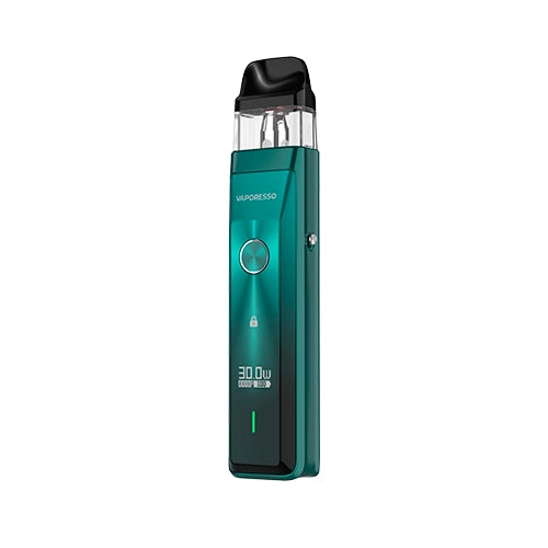 Rechargeable vape Vaporesso Xros Pro Pod Kit in green with a modern design, front screen that shows power and battery, central circular button and top transparent cartridge with black mouthpiece.