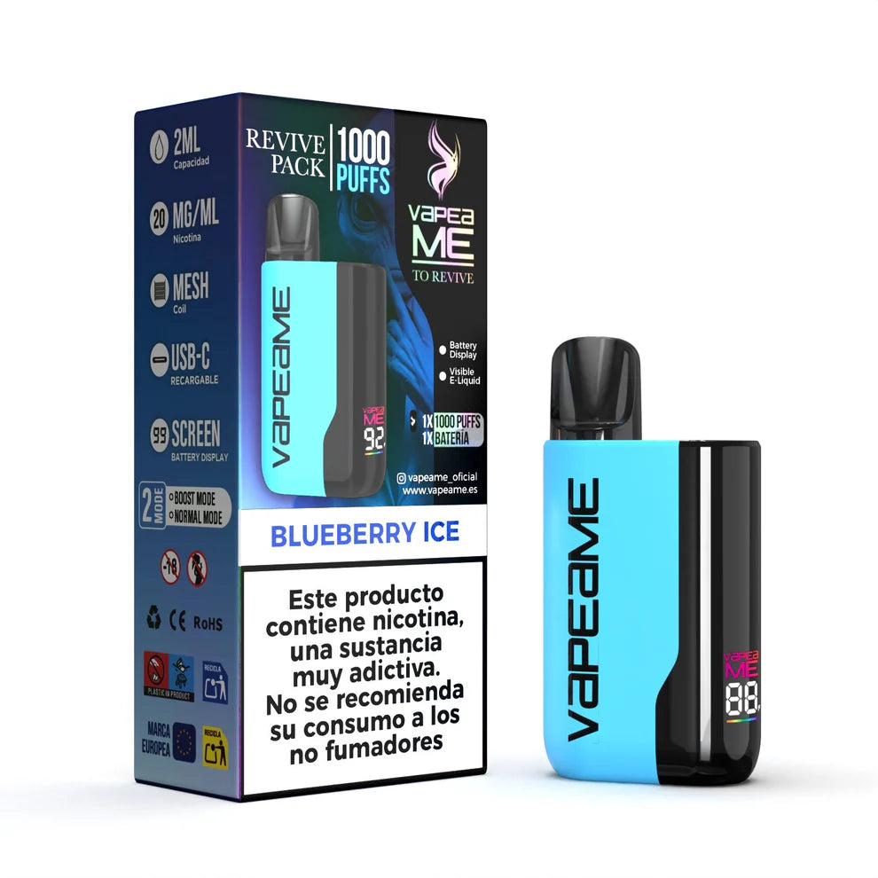 Vapeur Vapeame To Revive Kit Blueberry Ice, appareil rechargeable jusqu'à 1000 bouffées et e-liquide saveur myrtille avec une touche mentholée rafraîchissante, contenance 2 ml et 20 mg/ml de nicotine, avec affichage de la batterie, chargement USB-C et présentation avec sa boîte d'origine.