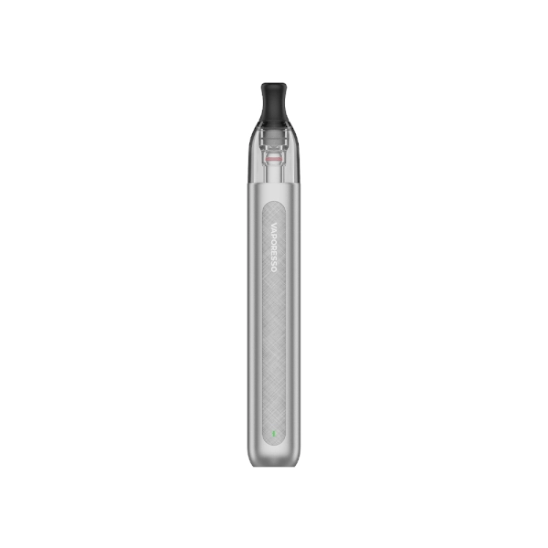Sigaretta Elettronica Ricaricabile Vaporesso Eco One Kit Pro Pod in argento con design cilindrico e finitura testurizzata, serbatoio superiore trasparente e bocchino nero integrato.