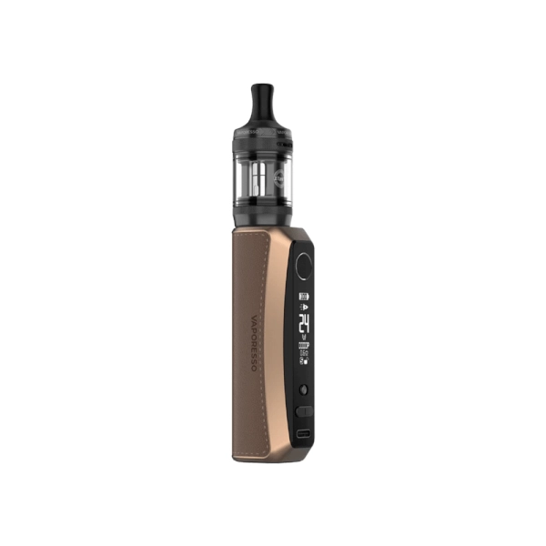 Vaper Vaporesso GTX One Pro Kit en color marrón con diseño ergonómico, pantalla lateral y botones de control, acompañado de un tanque transparente superior con boquilla negra.