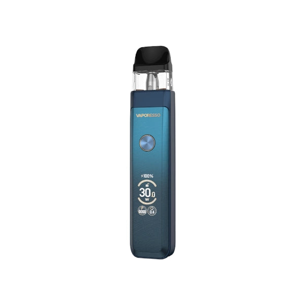 Sigaretta Elettronica Ricaricabile Vaporesso Xros Pro 2 in blu dal design elegante, schermo frontale che mostra alimentazione e batteria, pulsante circolare centrale e cartuccia superiore trasparente con bocchino nero