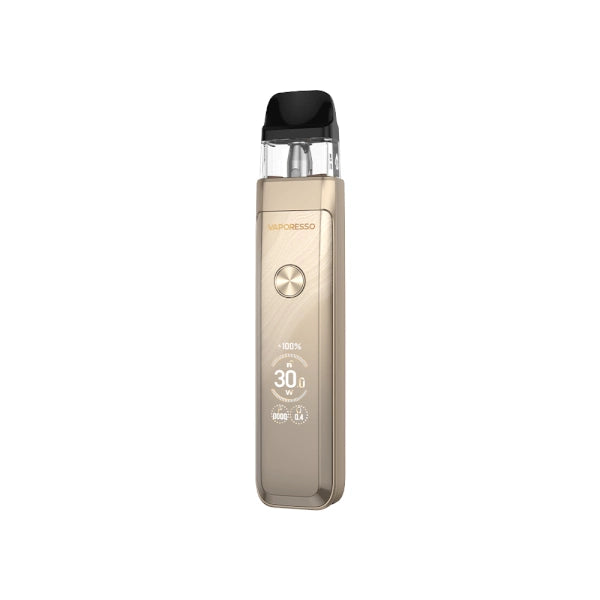 Sigaretta Elettronica Ricaricabile Vaporesso Xros Pro 2 in colore oro dal design elegante, schermo frontale che mostra alimentazione e batteria, pulsante circolare centrale e cartuccia superiore trasparente con bocchino nero.