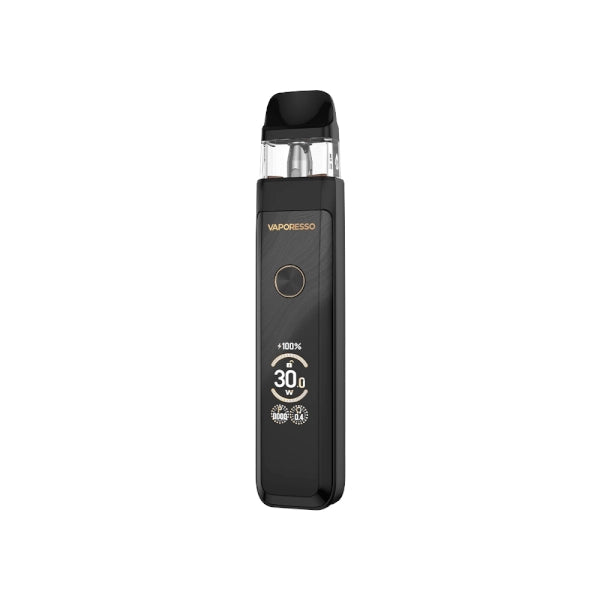 Sigaretta Elettronica Ricaricabile Vaporesso Xros Pro 2 in nero dal design elegante, schermo frontale che mostra alimentazione e batteria, pulsante circolare centrale e cartuccia superiore trasparente con bocchino nero.