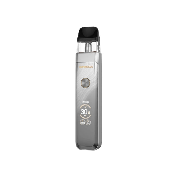 Sigaretta Elettronica Ricaricabile Vaporesso Xros Pro 2 in argento dal design elegante, schermo frontale che mostra alimentazione e batteria, pulsante circolare centrale e cartuccia superiore trasparente con bocchino nero.