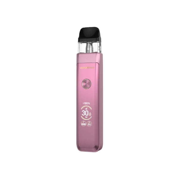 Sigaretta Elettronica Ricaricabile Vaporesso Xros Pro 2 in rosa dal design elegante, schermo frontale che mostra alimentazione e batteria, pulsante circolare centrale e cartuccia superiore trasparente con bocchino nero