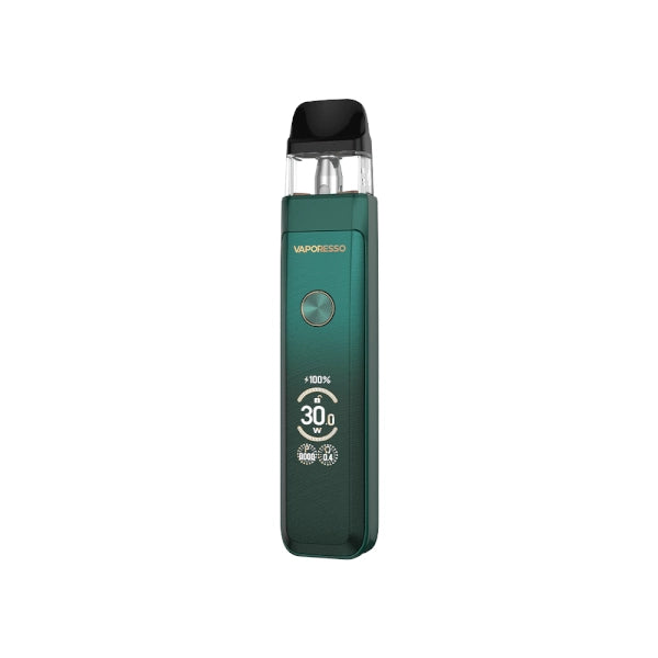 Sigaretta Elettronica Ricaricabile Vaporesso Xros Pro 2 in verde dal design elegante, schermo frontale che mostra alimentazione e batteria, pulsante circolare centrale e cartuccia superiore trasparente con bocchino nero.