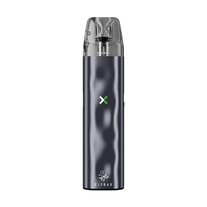 Vaper recargable Elfbar ELFX en color gris con diseño compacto tipo stick, indicador LED frontal, cartucho transparente superior y boquilla integrada.