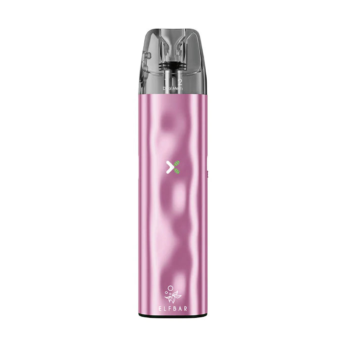 Vaper recargable Elfbar ELFX en color rosa con diseño compacto tipo stick, indicador LED frontal, cartucho transparente superior y boquilla integrada.