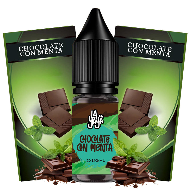 Líquido para vapeo La Yaya Salts Chocolate con Menta 10ml con sales de nicotina, botella con diseño en tonos marrones y verdes, acompañado de chocolate y hojas de menta que representan su sabor.