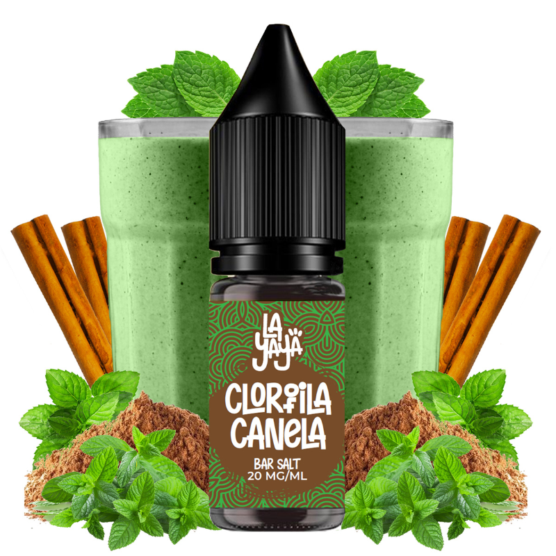 Líquido para vapeo La Yaya Salts Clorofila Canela 10ml con sales de nicotina, botella con diseño en tonos verdes y marrones, acompañado de hojas verdes y canela que representan su sabor.