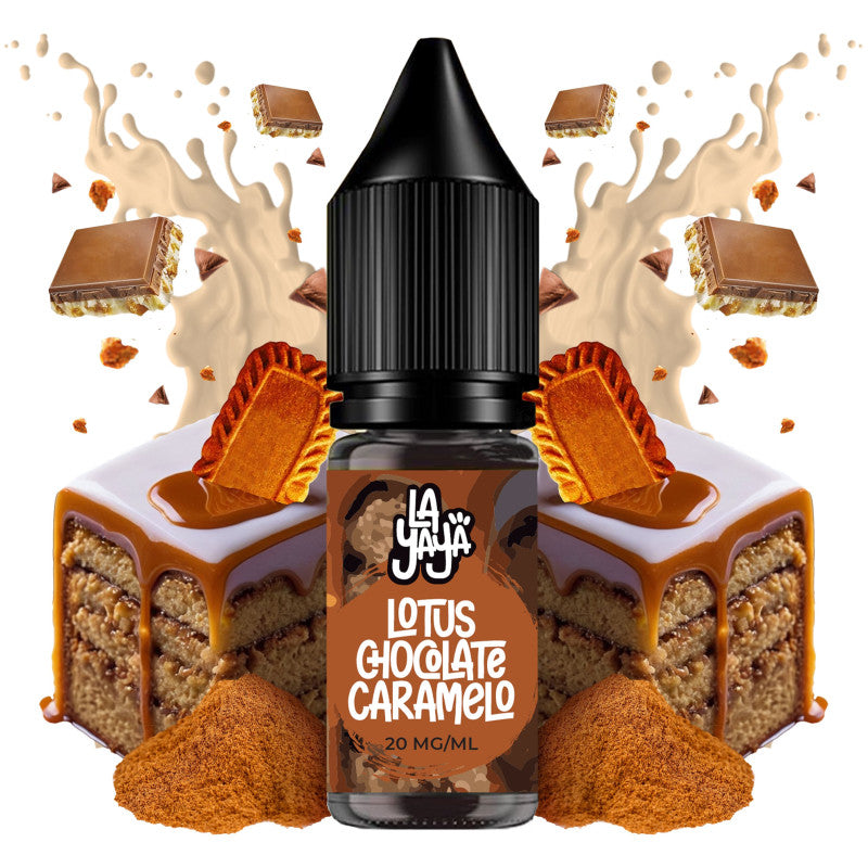 Líquido para vapeo La Yaya Salts Lotus Chocolate Caramelo 10ml con sales de nicotina, botella con diseño en tonos marrones, acompañado de chocolate, caramelo y galleta tipo lotus que representan su sabor.