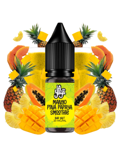 Líquido para vapeo La Yaya Salts Mango Piña Papaya Smoothie 10ml con sales de nicotina, botella con diseño en tonos tropicales, acompañado de mango, piña y papaya que representan su sabor tipo smoothie.