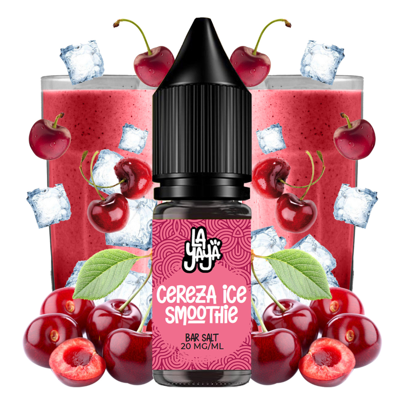 Líquido para vapeo La Yaya Salts Cereza Ice Smoothie 10ml con sales de nicotina, botella con diseño en tonos rojos, acompañado de cerezas y cubitos de hielo que representan su sabor tipo smoothie.