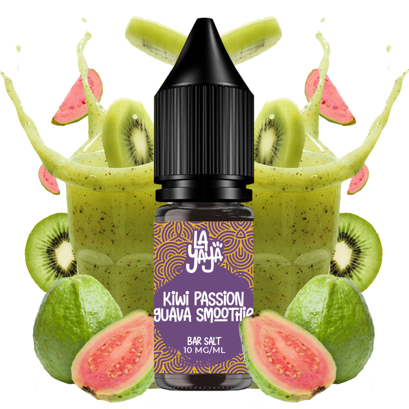Líquido para vapeo La Yaya Salts Kiwi Passion Guava Smoothie 10ml con sales de nicotina, botella con diseño en tonos tropicales, acompañado de kiwi, fruta de la pasión y guayaba que representan su sabor tipo smoothie.