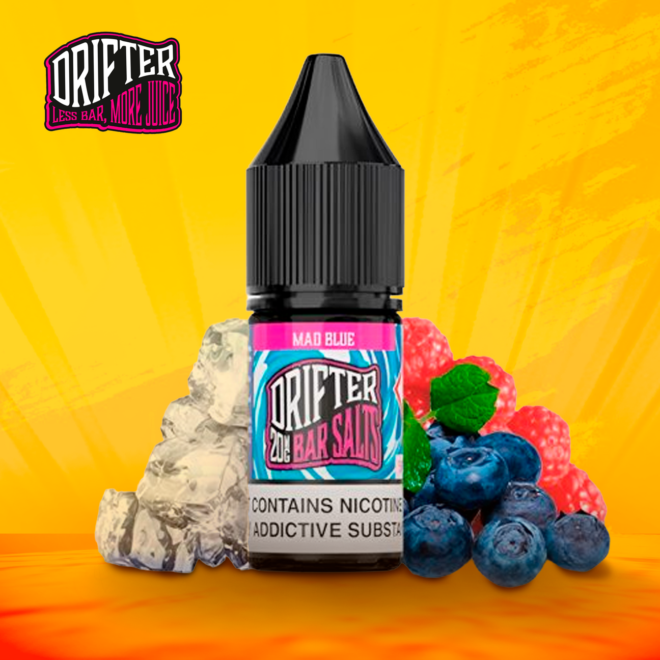 Aroma Drifter Bar Juice Cotton Candy Ice 24 ml en formato longfill, botella con etiqueta colorida junto a algodón de azúcar y hielo que representan su sabor.