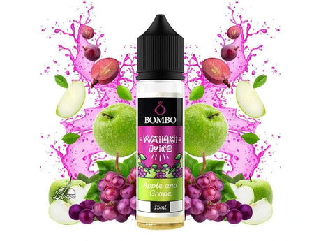 Flacon d'arôme Wailani Juice by Bombo de 15 ml Pomme et Raisin (format longfill 15/60 ml), au design tropical et coloré, qui représente une saveur fruitée de pomme et de raisin.
