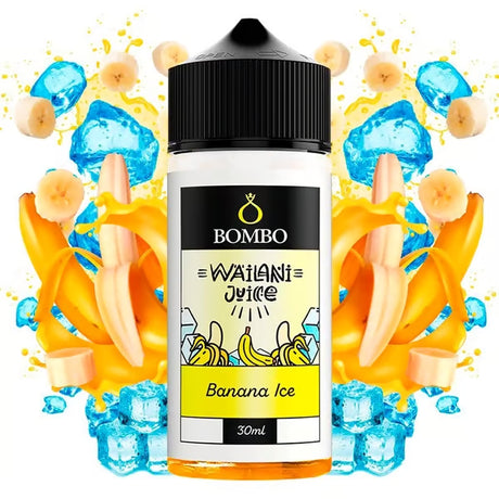 Wailani Juice de Bombo Banana Ice bouteille d'arôme longfill de 30 ml (format 30/120 ml), au design rafraîchissant qui évoque la banane sucrée avec un effet froid.