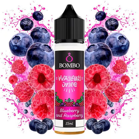 Wailani Juice by Bombo Flacon arôme Myrtille et Framboise de 15 ml (format longfill 15/60 ml), au design tropical et coloré, représentant une saveur fruitée de myrtille et de framboise.