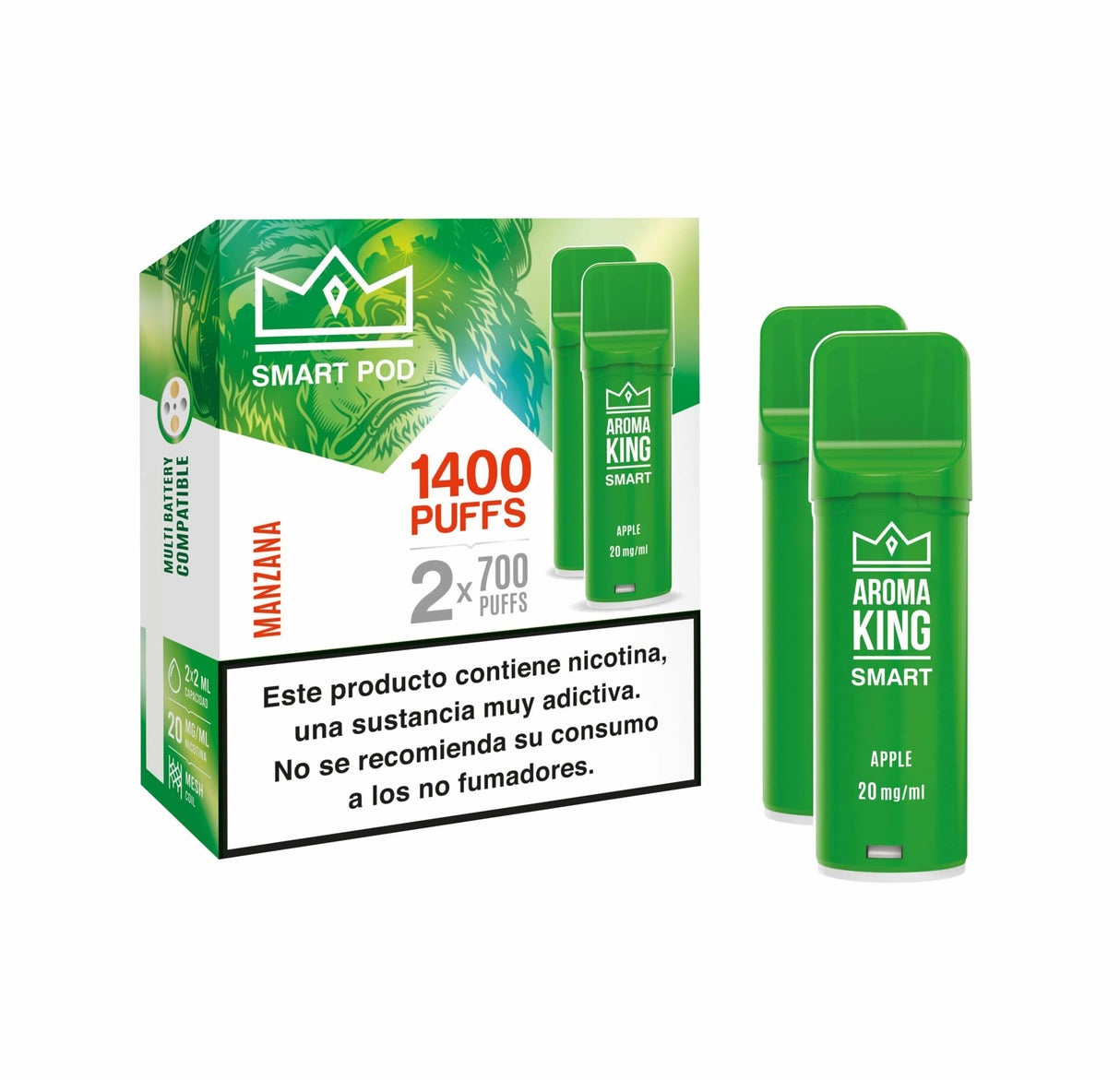 Aroma King Smart Cápsula sabor Apple 20 mg/ml 1400 puffs (2x700), dispositivo verde con caja original.