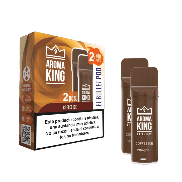 Vaper Aroma King EL Bullet Pod sabor Coffee Ice 20mg/mL 1400 puffs (2x700), pack de 2 cápsulas marrones