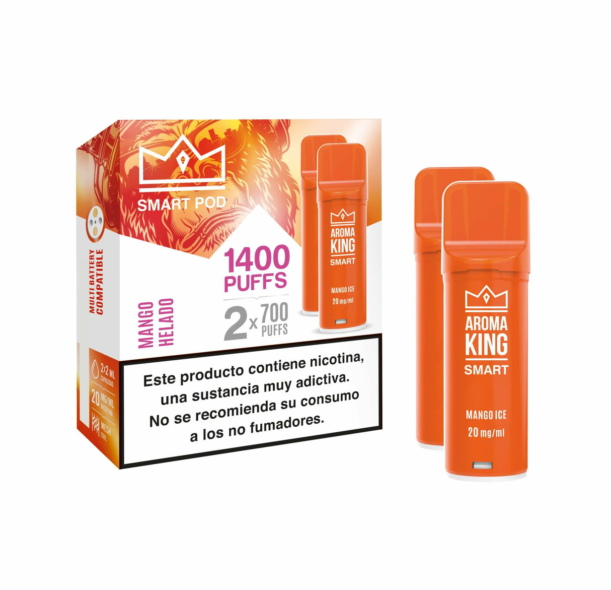 Aroma King Smart Cápsula Mango Ice 20mg 1400 puffs (2x700) pack de 2 dispositivos color naranja.