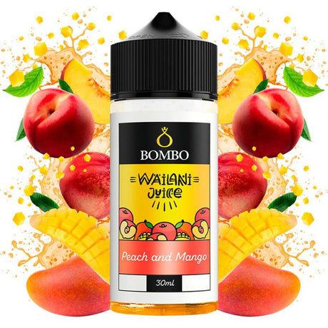 Wailani Juice by Bombo Peach and Mango longfill aroma bottle of 30 ml (30/120 ml format), with a fruity design that evokes peach and mango.