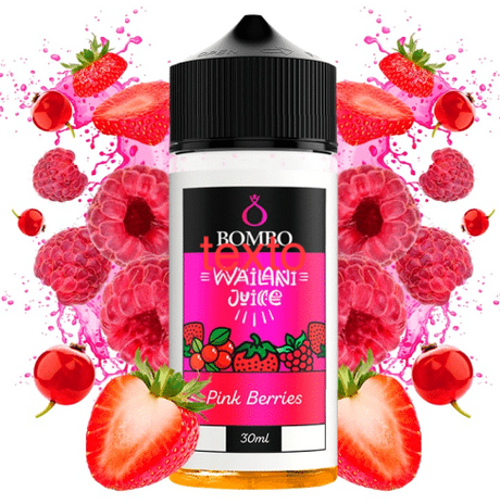 Wailani Juice by Bombo Pink Berries longfill aroma bottle of 30 ml (30/120 ml format), with a colorful design that evokes a mixture of red fruits such as strawberry, raspberry and cherry.