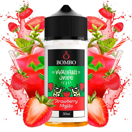 30 ml longfill Wailani Juice by Bombo Strawberry Mojito aroma bottle (30/120 ml format), with a refreshing design that evokes strawberry, lime and mint.