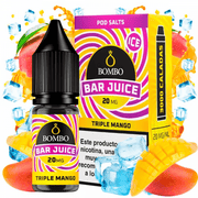 Flacon de 10 ml de e-liquide Bar Juice by Bombo Triple Mango Ice avec une étiquette aux tons orange et jaune, accompagné de sa boîte, accompagné de mangues et de glace qui évoquent une saveur tropicale, sucrée et rafraîchissante.