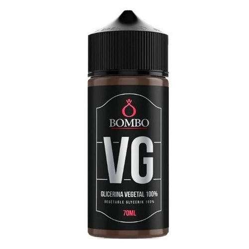 Botella de base Bombo 100% VG (glicerina vegetal) de 70 ml, con diseño negro minimalista y etiquetado claro.
