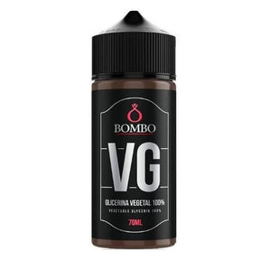 Botella de base Bombo 100% VG (glicerina vegetal) de 70 ml, con diseño negro minimalista y etiquetado claro.