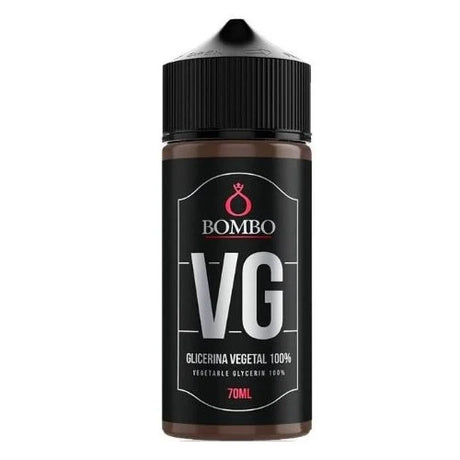 Botella de base Bombo 100% VG (glicerina vegetal) de 70 ml, con diseño negro minimalista y etiquetado claro.