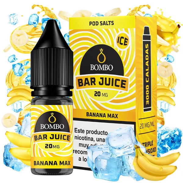 Botella de e-liquid Bombo Bar Juice Banana Max de 10 ml, con diseño dulce que evoca plátano maduro.