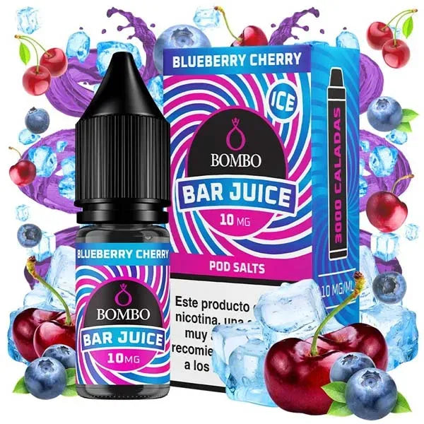 Botella de e-liquid Bombo Bar Juice Blueberry Cherry de 10 ml, con diseño afrutado que evoca arándanos y cereza.