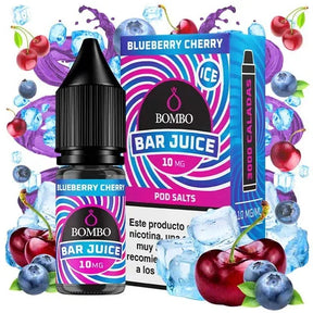 Botella de e-liquid Bombo Bar Juice Blueberry Cherry de 10 ml, con diseño afrutado que evoca arándanos y cereza.