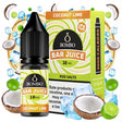Botella de e-liquid Bombo Bar Juice Coconut Lime de 10 ml con etiqueta en tonos verdes y naranjas, junto a su caja, acompañada de coco y lima que evocan un sabor tropical, fresco y ligeramente cítrico.
