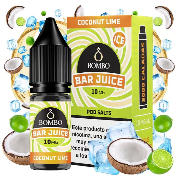 Botella de e-liquid Bombo Bar Juice Coconut Lime de 10 ml con etiqueta en tonos verdes y naranjas, junto a su caja, acompañada de coco y lima que evocan un sabor tropical, fresco y ligeramente cítrico.