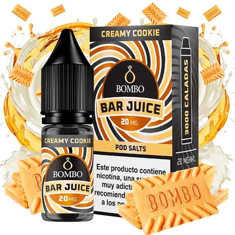 Botella de e-liquid Bombo Bar Juice Creamy Cookie de 10 ml con etiqueta en tonos marrones y beige, junto a su caja, acompañada de galletas y crema que evocan un sabor dulce, cremoso y tipo postre.