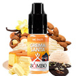 e-liquid bottle Bombo Bar Juice 10 ml (10 mg) Holy Cream with a label in soft tones, along with its box, accompanied by creamy elements that evoke a sweet, soft, dessert-like flavor.